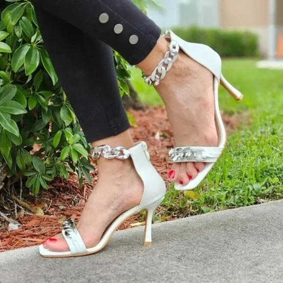 Womens White Ankle Strap Heels Chains Stiletto‎ Sandals - Picture 3 of 5